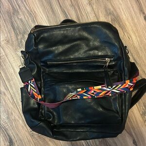 Black Leather bookbag with Colorful Strap